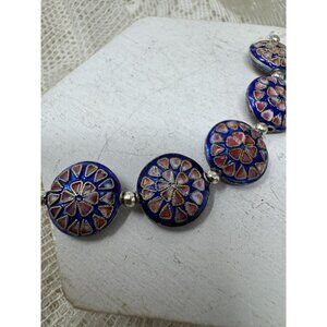 Vintage Cloisonné Enamel Flower Beads With Blue & Pink Motif Silver Accents